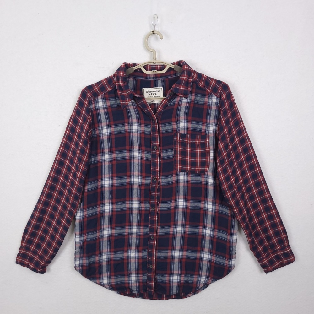 Abercrombie Plaid Button Down Women Large Navy Red Viscose Top Soft Lightweight